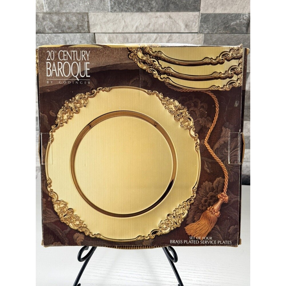 Godinger 4pc Heavy Brass Plated 12"  Baroque Charger Plates-Antique Inspired-NIB